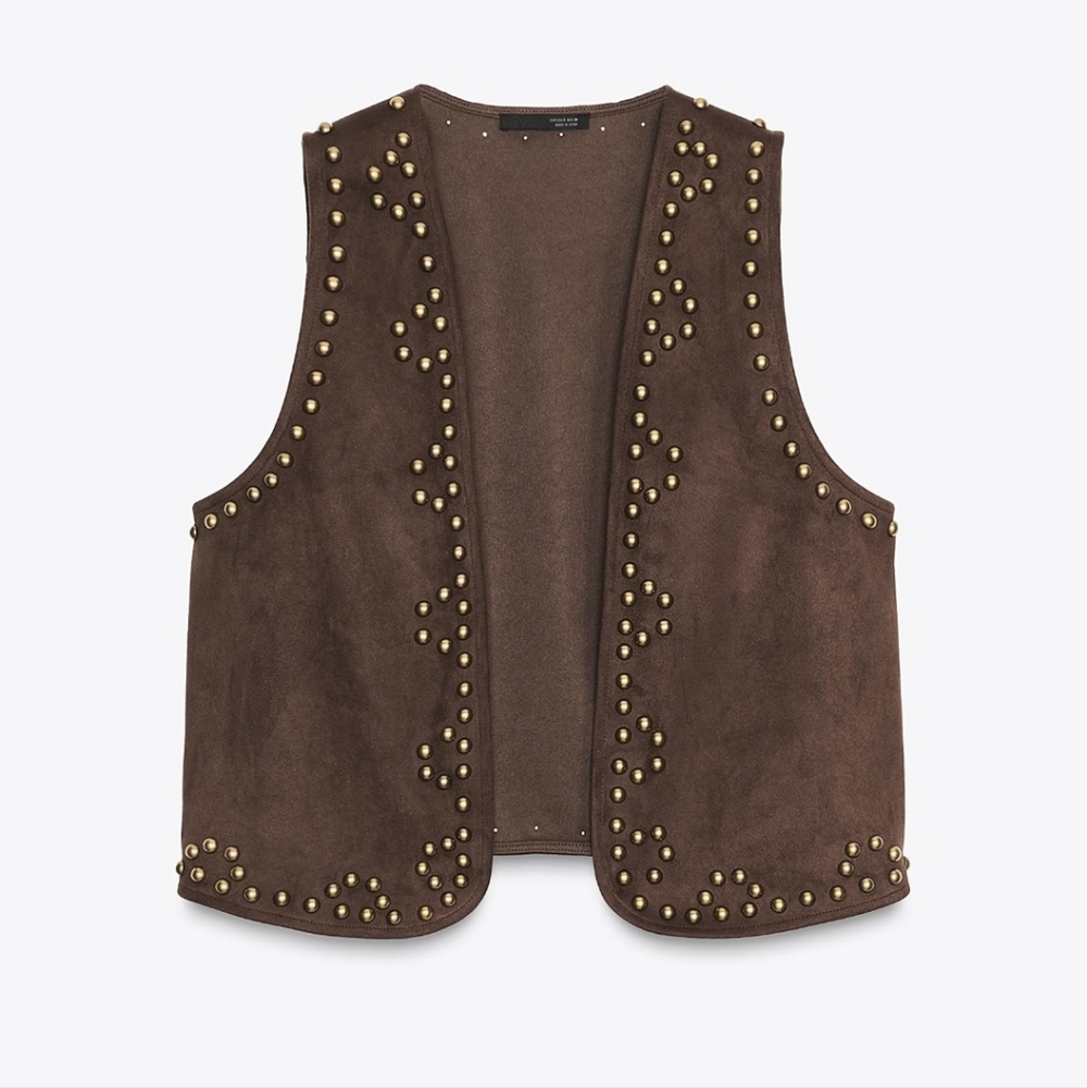 ZARA CHOCOLATE/BROWN STUDDED FAUX SUEDE VEST ✨️✨️✨️ - Picture 6 of 8